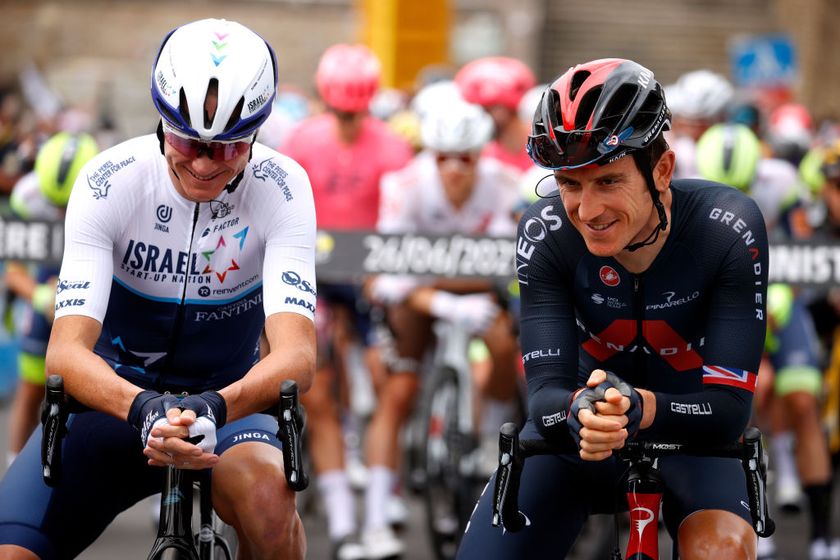 LANDERNEAU FRANCE JUNE 26 Chris Froome of The United Kingdom and Team Israel StartUp Nation Geraint Thomas of The United Kingdom and Team INEOS Grenadiers at start during the 108th Tour de France 2021 Stage 1 a 1978km stage from Brest to Landerneau Cte De La Fosse Aux Loups 176m Team Presentation LeTour TDF2021 on June 26 2021 in Landerneau France Photo by Chris GraythenGetty Images