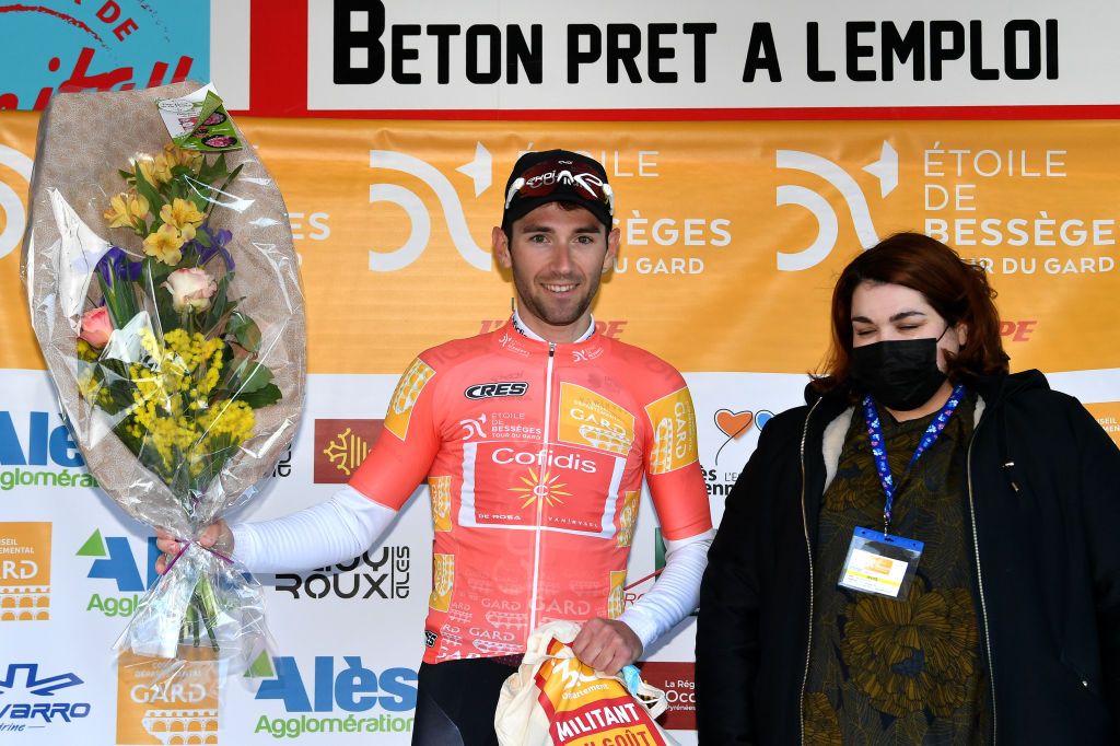 GARD FRANCE FEBRUARY 05 Benjamin Thomas of France and Team Cofidis celebrates winning the orange leader jersey on the podium ceremony after the 52nd toile De Bessges Tour Du Gard 2022 Stage 4 a 145km stage from Saint Hilaire de Brethmas to Mont Bouqueton 617m EDB2022 February 05 2022 in Gard France Photo by Luc ClaessenGetty Images