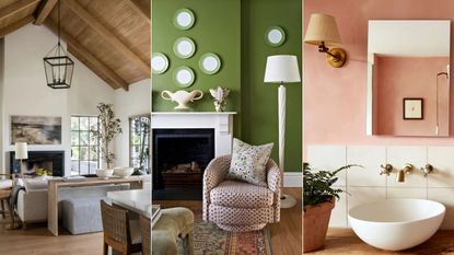 neutral living room, green living room, pink bathroom