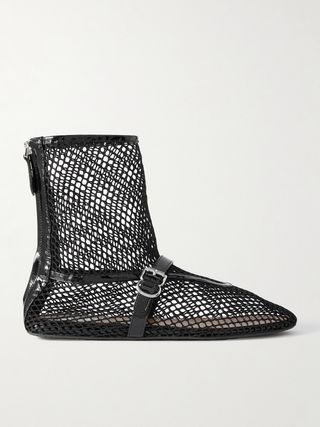 Patent Leather-Trimmed Mesh Ankle Boots