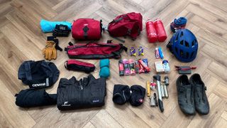 Flat lay shot of items to take on a bikepacking trip