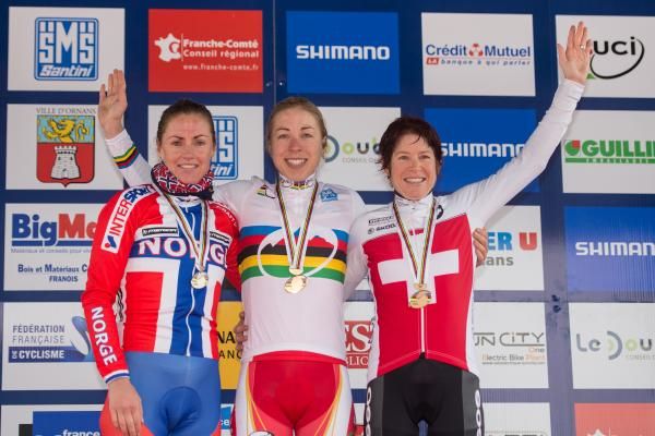 Elite women's marathon Worlds podium: Gunn-Rita Dahle Flesjaa, Annika Langvad and Esther S&uuml;ss