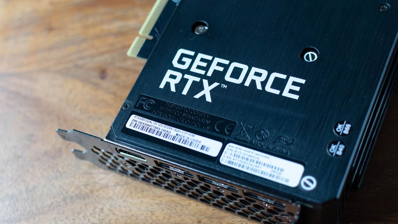 A closeup of the GeForce RTX branding on the underside of the Palit RTX 3060 Dual