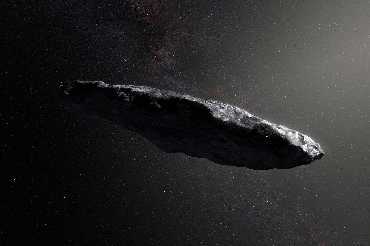 Artist&#039;s concept of &#039;Oumuamua, an interstellar object that was discovered zooming through our solar system in 2017. A new study determined that a small meteor that hit Earth in 2014 came from interstellar space as well.