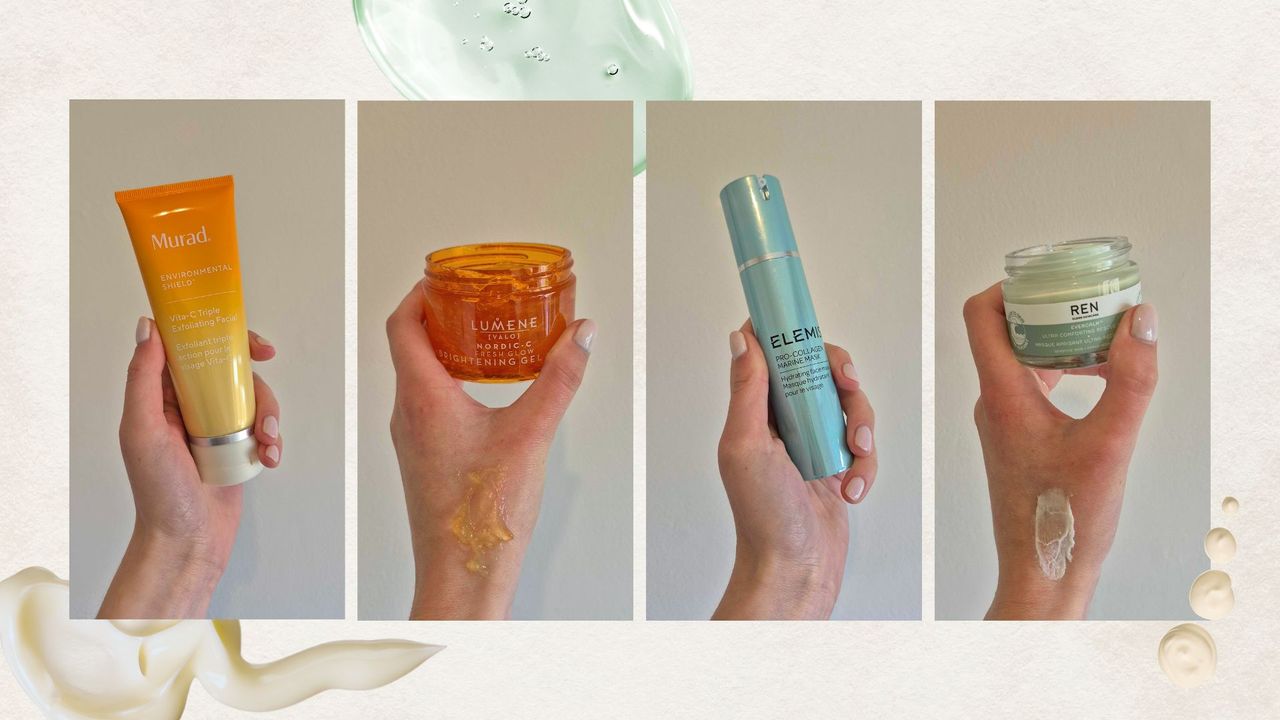 four different images of Naomi holding different face masks from Murad, Lumene, Elemis and REN, with swatches on her hand