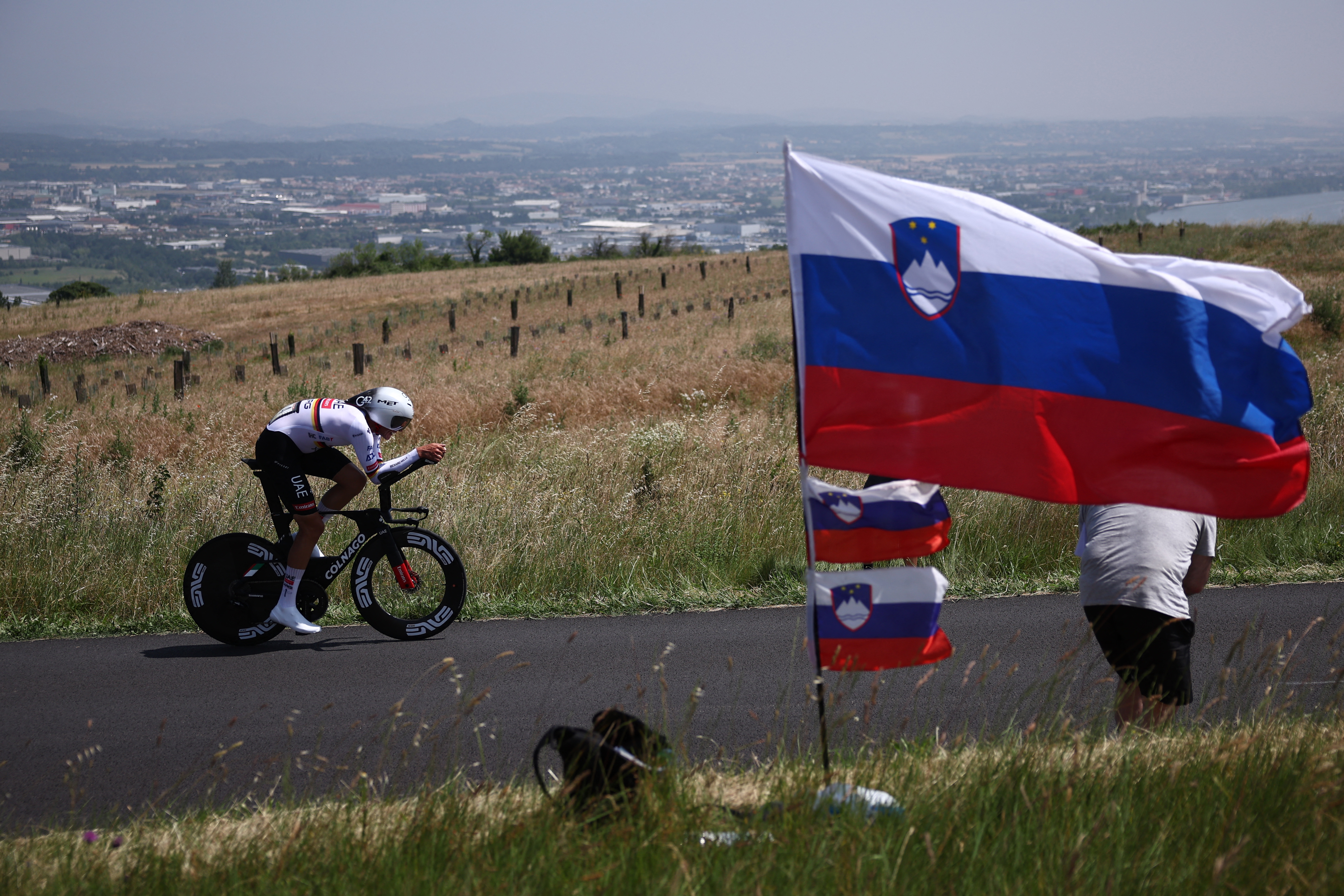 UAE Team Emirates XRG's German rider Nils Politt cycles during the 4th stage of the 77th edition of the Criterium du Dauphine cycling race, a 17,4 km individual time trial between Charmes-sur-Rhône and Saint-Péray, on June 11, 2025. (Photo by Anne-Christine POUJOULAT / AFP) (Photo by ANNE-CHRISTINE POUJOULAT/AFP via Getty Images)