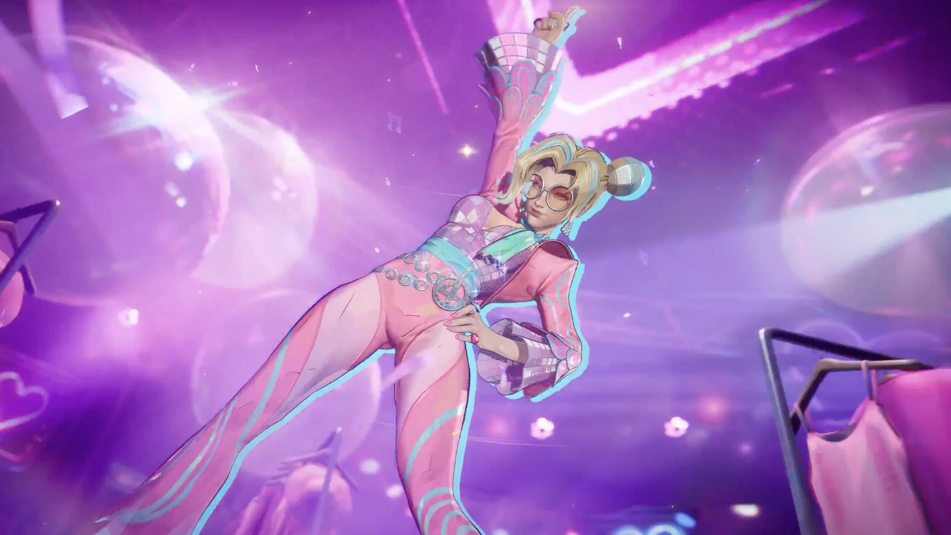 Invisible Woman in a disco costume strikes a pose while dancing