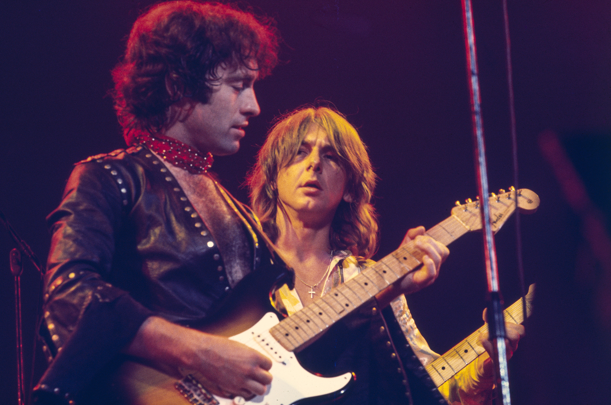 Singer Paul Rodgers and guitarist Mick Ralphs of English super-group Bad Company perform on stage at Earl's Court in London, July 1977.