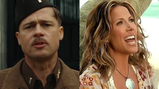 Side by side photos, Brad Pitt on the left, Sheryl Crow on the rigth