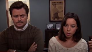 Nick Offerman and Aubrey Plaza as Ron and April on Parks and Recreation