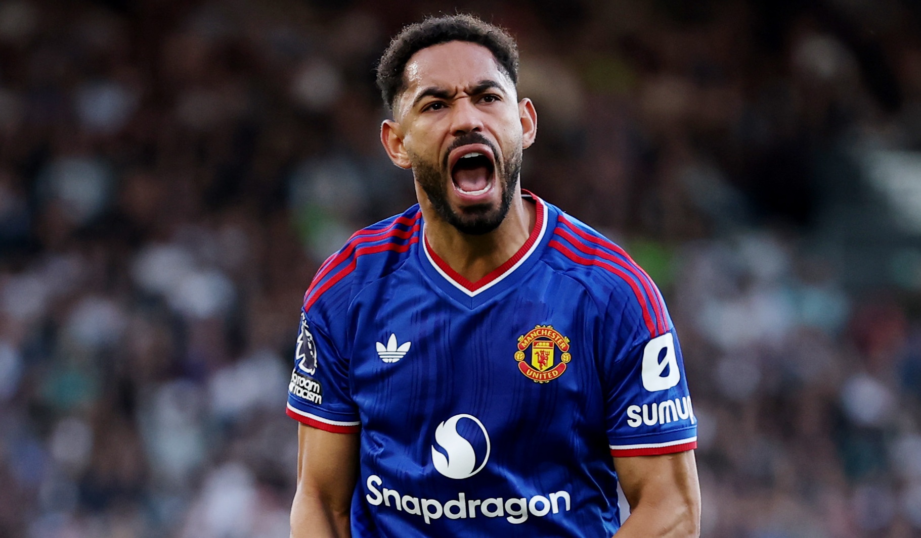 Matheus Cunha of Manchester United celebrates scoring his team&rsquo;s first goal during the Premier League 2026/27 match against Fulham at Craven Cottage on September 20, 2026 in London, England