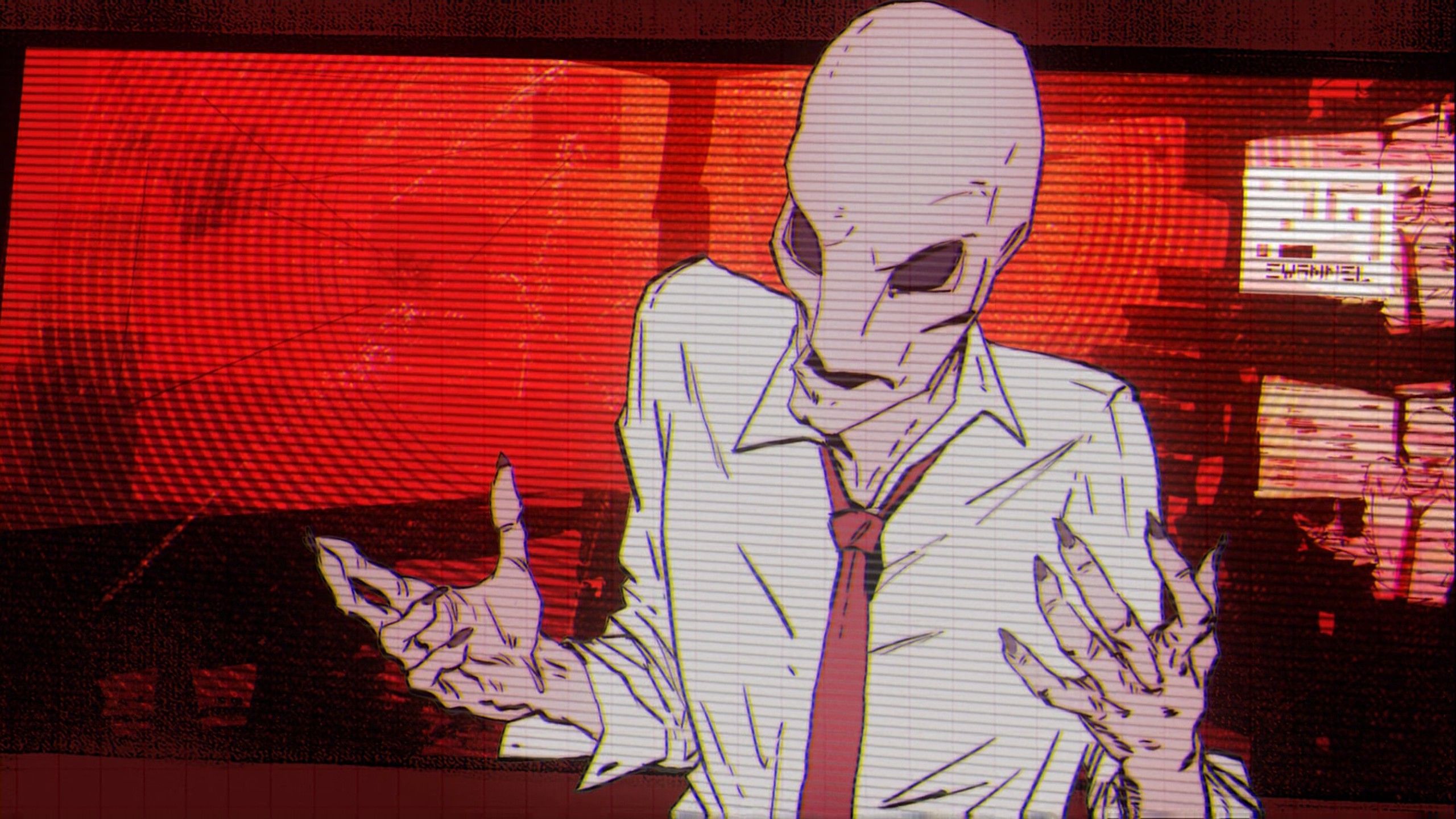An alien TV host in a white shirt and red tie ranting like Alex Jones