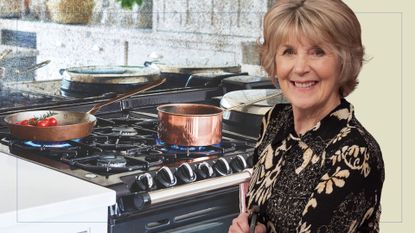 picture of copper pans on stove and cut out of Nancy Birtwhistle over top