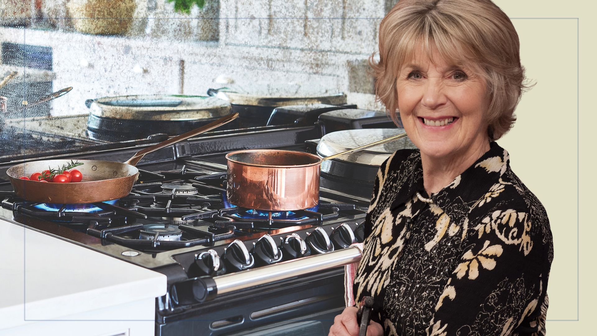 picture of copper pans on stove and cut out of Nancy Birtwhistle over top 
