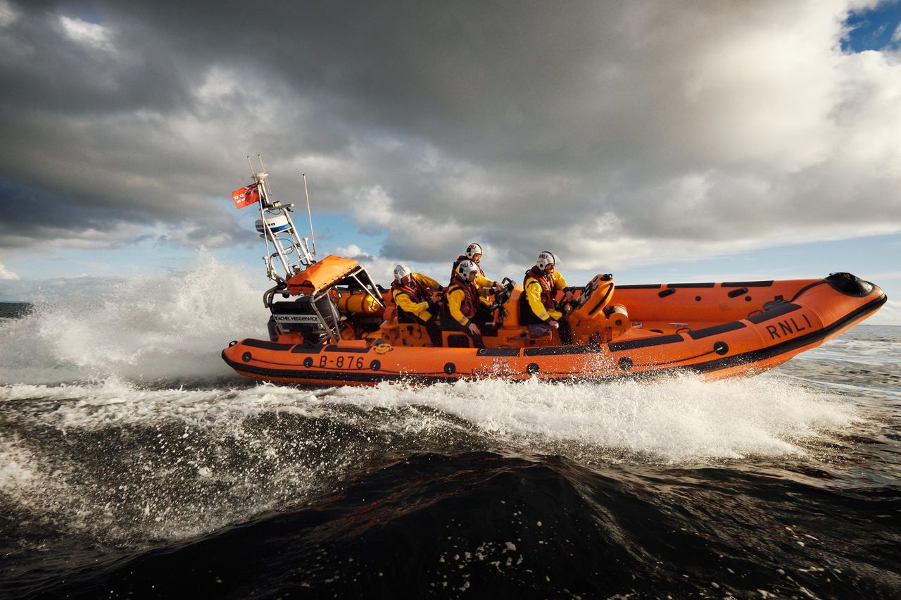 An RNLI crew in the Atlantic Ocean, operating out of Arran RNLI, Lamlash. Credit: Nigel Millard / RNLI