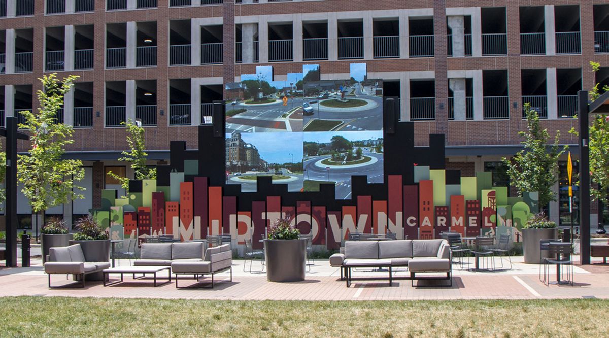 Serving as a piece of art, an avenue for communication, and a source of entertainment, a large Neoti LED video wall sits in the center of the Midtown Plaza.