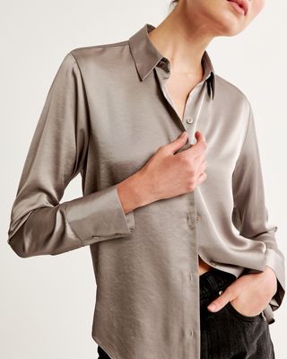 Long-Sleeve Satin Button-Up Shirt