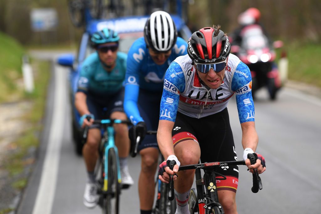 CASTELFIDARDO ITALY MARCH 14 Tadej Pogacar of Slovenia and UAE Team Emirates Blue Leader Jersey during the 56th TirrenoAdriatico 2021 Stage 5 a 205km stage from Castellalto to Castelfidardo 175m TirrenoAdriatico on March 14 2021 in Castelfidardo Italy Photo by Tim de WaeleGetty Images