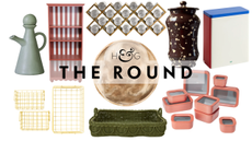 Playful pantry decor, including a seamoss oil cruet, a trio of yellow storage backets, striped shelf, woven basket, resin Lazy Susan, spice rack, splatter-paint canister, Caraway set, and HAY tin