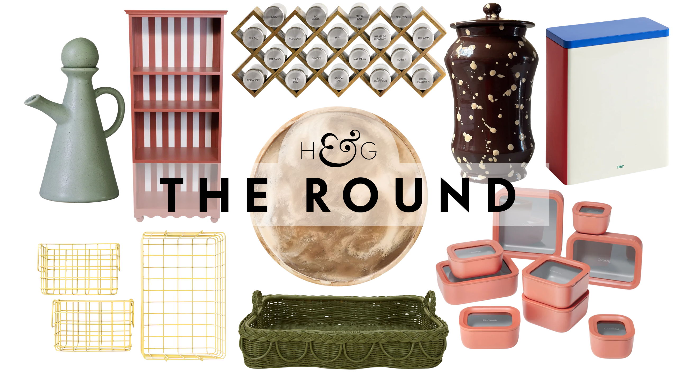 Playful pantry decor, including a seamoss oil cruet, a trio of yellow storage backets, striped shelf, woven basket, resin Lazy Susan, spice rack, splatter-paint canister, Caraway set, and HAY tin