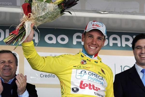 Race leader Philippe Gilbert was all smiles on the podium.