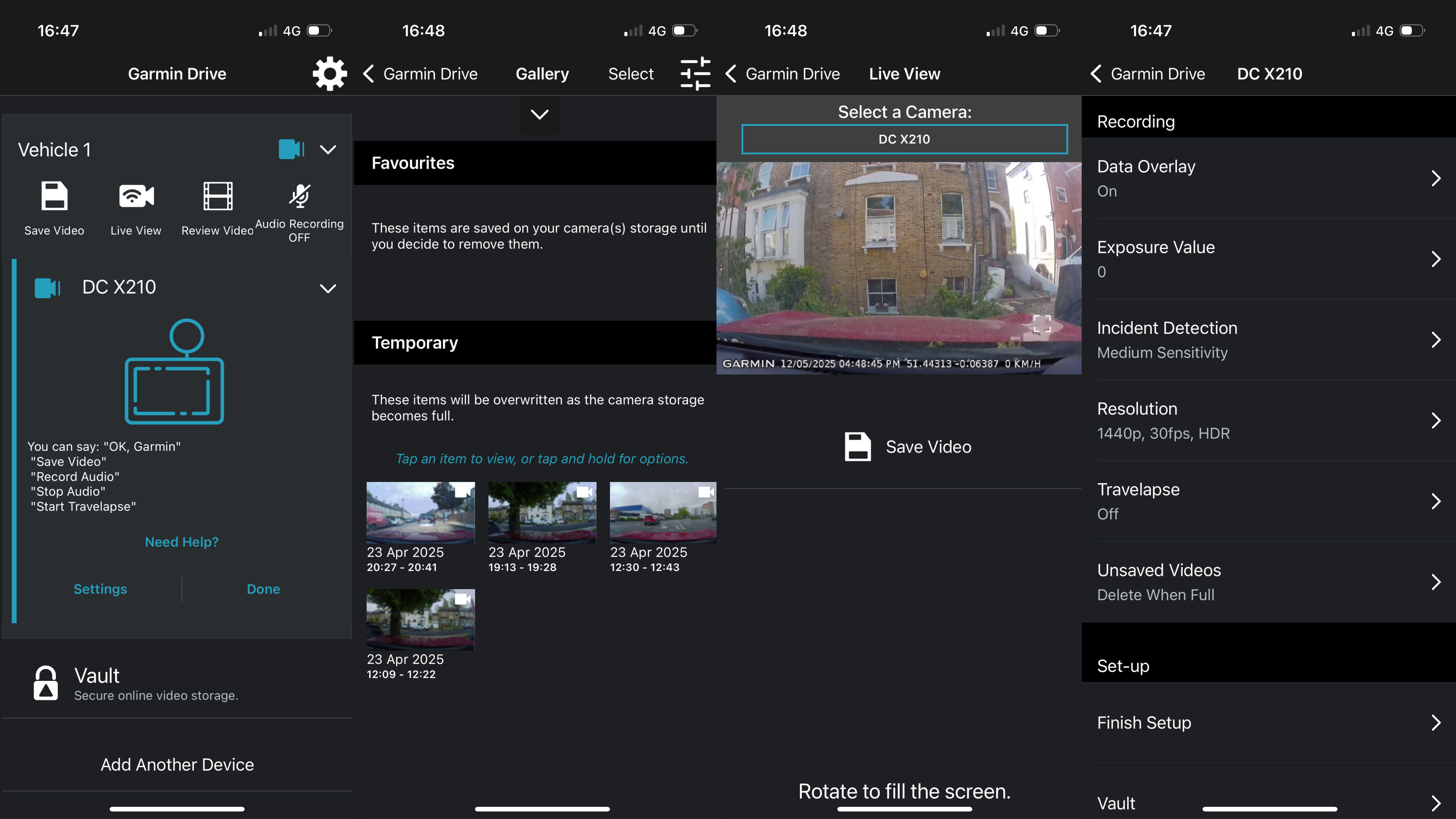 Garmin Dash Cam X210 app screenshots