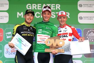 MANCHESTER ENGLAND SEPTEMBER 14 Podium Matteo Trentin of Italy and Team MitcheltonSCOTT Mathieu van der Poel of The Netherlands and Corendon Circus Cycling Team Green Leader Jersey Jasper De Buyst of Belgium and Team Lotto Soudal Celebration Trophy during the 16th Tour of Britain 2019 Stage 8 a 166km stage from Altrincham to Manchester TourofBritain OVOToB on September 14 2019 in Manchester England Photo by Stephen PondGetty Images