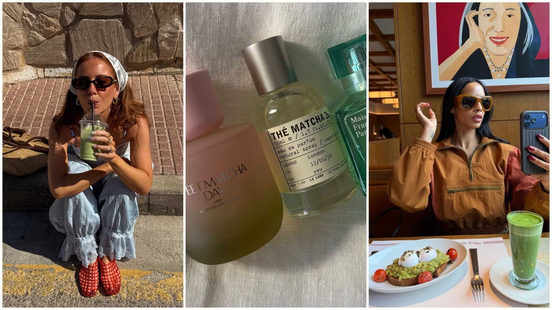 A collage of two women drinking matcha and some of the best matcha perfumes