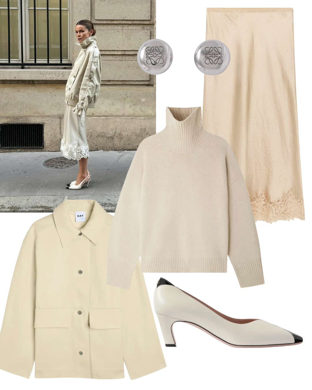 @rikkekrefting wears cream silk skirt, jacket and shoes