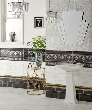 Black and white art deco style fan motif bathroom tiles by Original Style