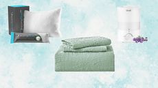 Amazon bedding buys including a humidifier a quilt and a cooling pillow on a blue background