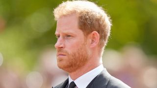 Prince Harry, Duke of Sussex walks behind the coffin during the ceremonial procession of the coffin of Queen Elizabeth II