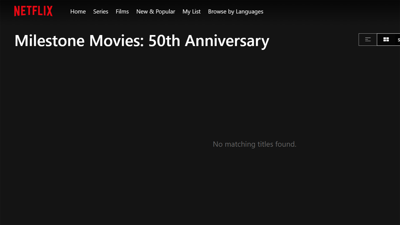 Una captura de pantalla de la página en blanco del Reino Unido para la colección Milestone Movies de Netflix