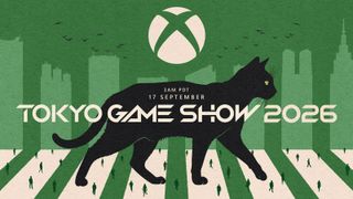 A black cat walks across a crosswalk in front of a green cityscape with an Xbox logo above, announcing Tokyo Game Show 2026 on September 17th.