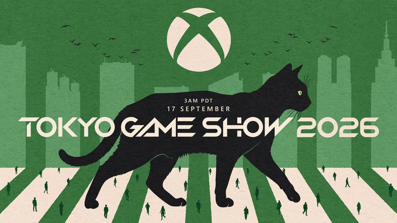 A black cat walks across a crosswalk in front of a green cityscape with an Xbox logo above, announcing Tokyo Game Show 2026 on September 17th.