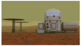 An illustration of a settlement on Mars.