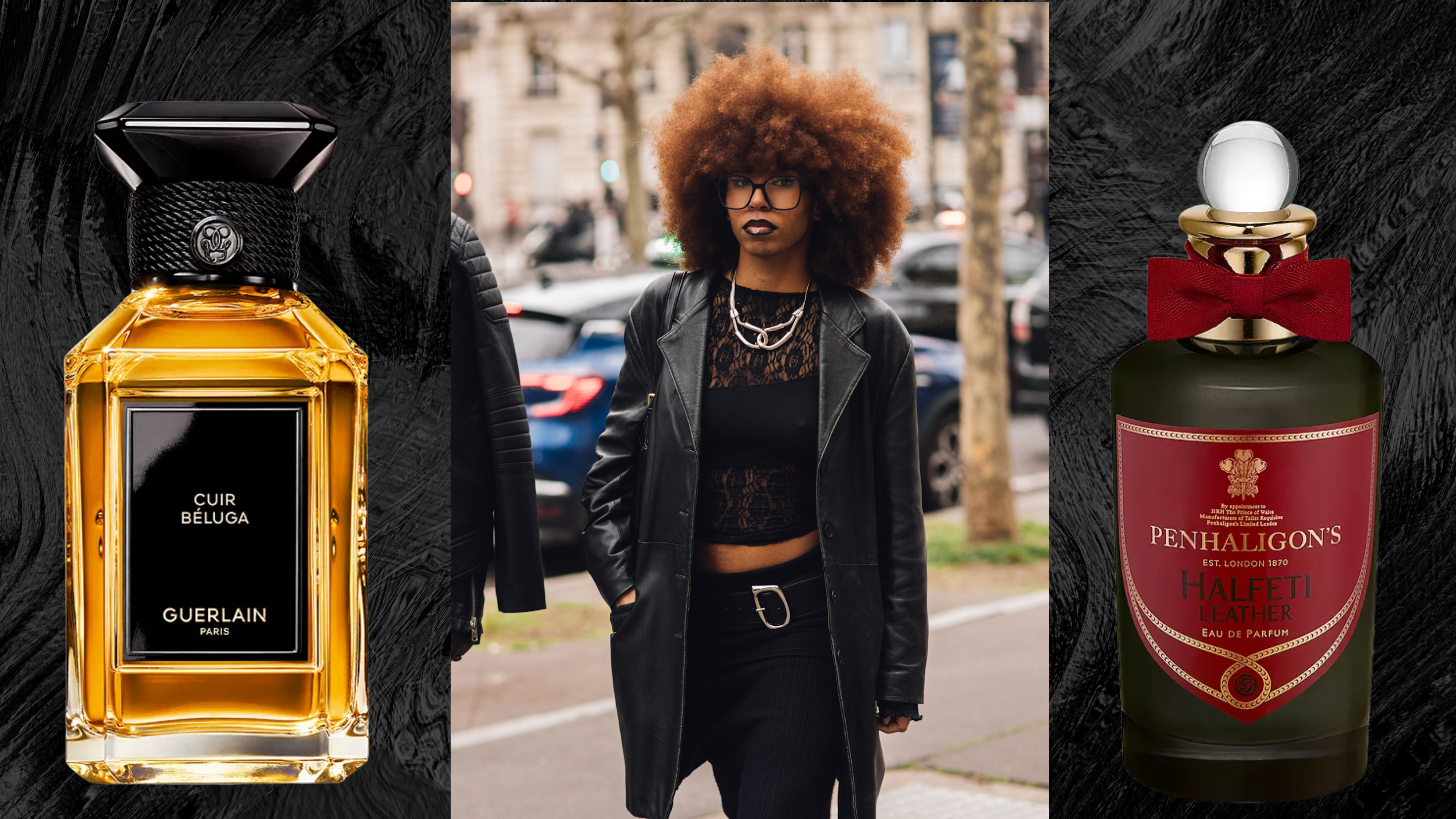A woman with a coily afro blowout wearing and black top and pants, paired with a black leather jacket. She is flanked by two bottles of perfume.