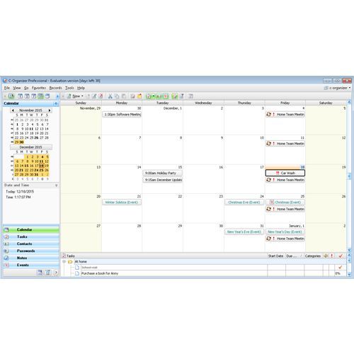 C-Organizer displays meetings, appointments and events, and you can view the tasks you need to complete each day.
