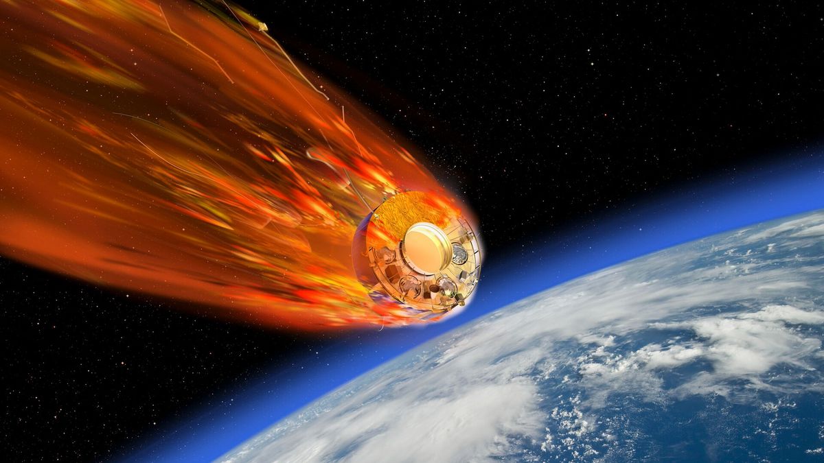 A satellite burning up as it travels through Earth&#039;s atmosphere. Pieces of the satellite are breaking off