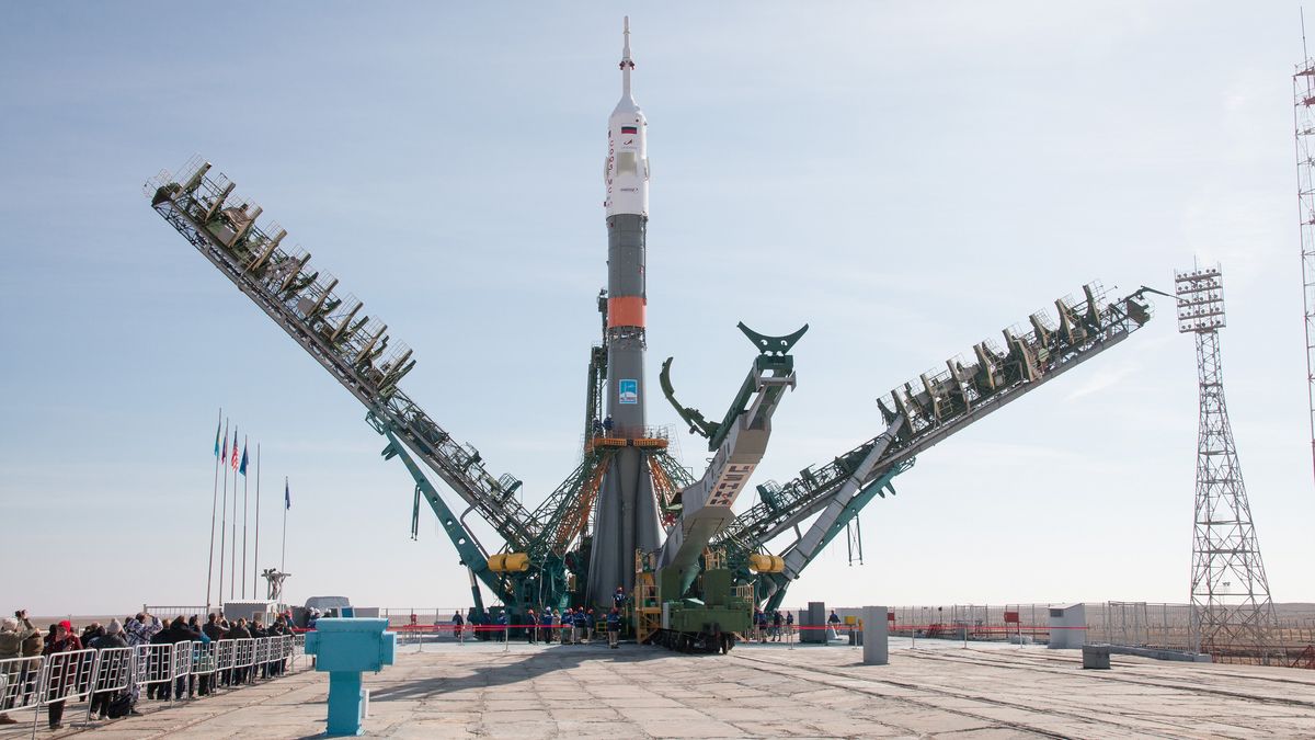 The Soyuz MS-12 spacecraft and rocket is seen ready to launch NASA astronauts Nick Hague and Christina Koch, as well as cosmonaut Alexey Ovchinin from Baikonur Cosmodrome, Kazakhstan.