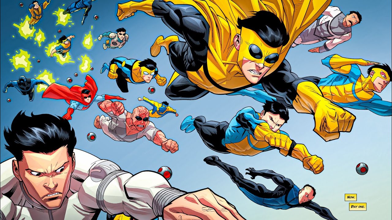 A screenshot of a group of evil Mark Graysons from across the multiverse flying through the air in the Invincible comic book series