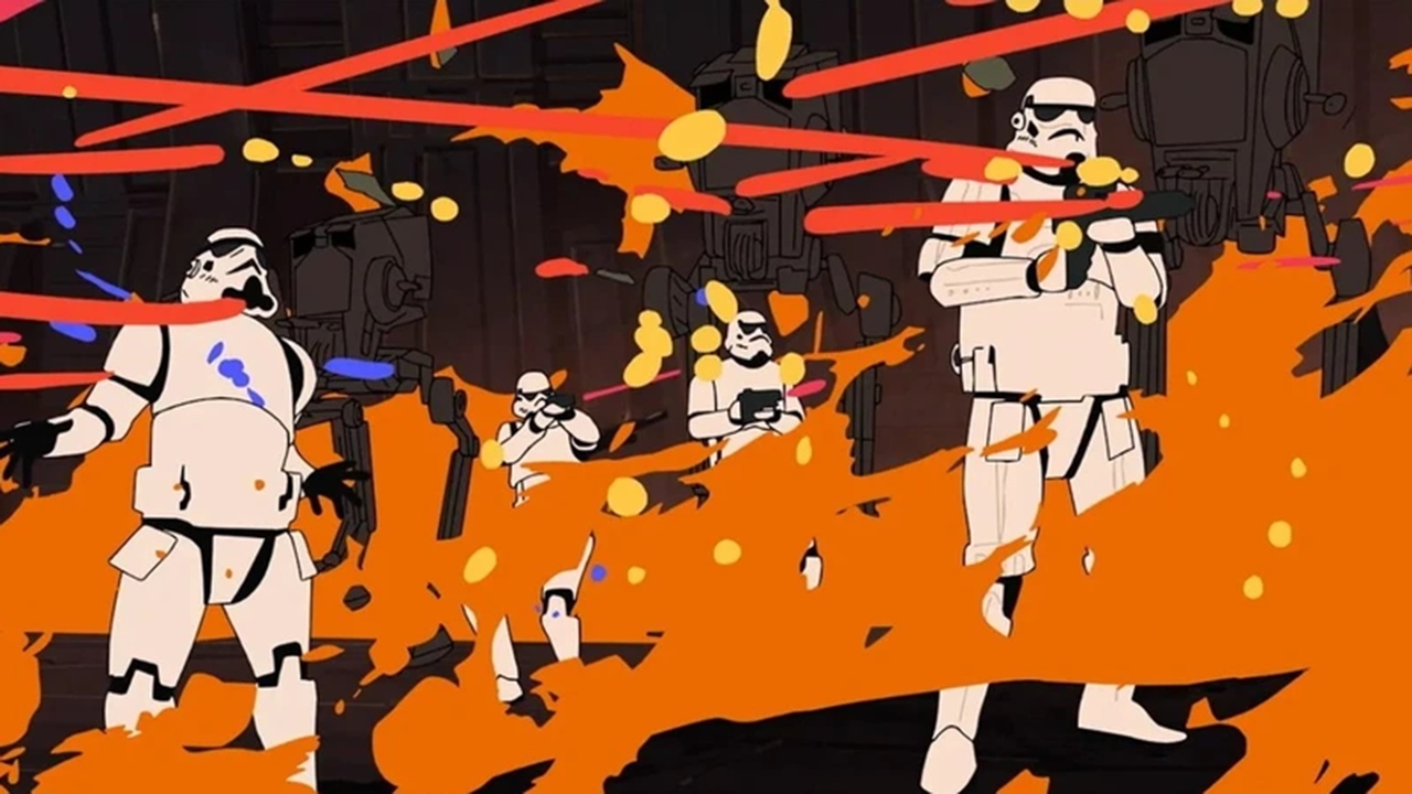 Still from the animated TV anthology series "Star Wars: Visions Volume 3". This episode is called 'Black' by David Production. Four stormtroopers are locked in a fierce battle, with fire and lasers everywhere.