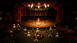 Octopath Traveler screenshot showing a pixel art style character dancing on stage as the audience watches
