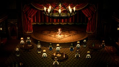 Octopath Traveler screenshot showing a pixel art style character dancing on stage as the audience watches