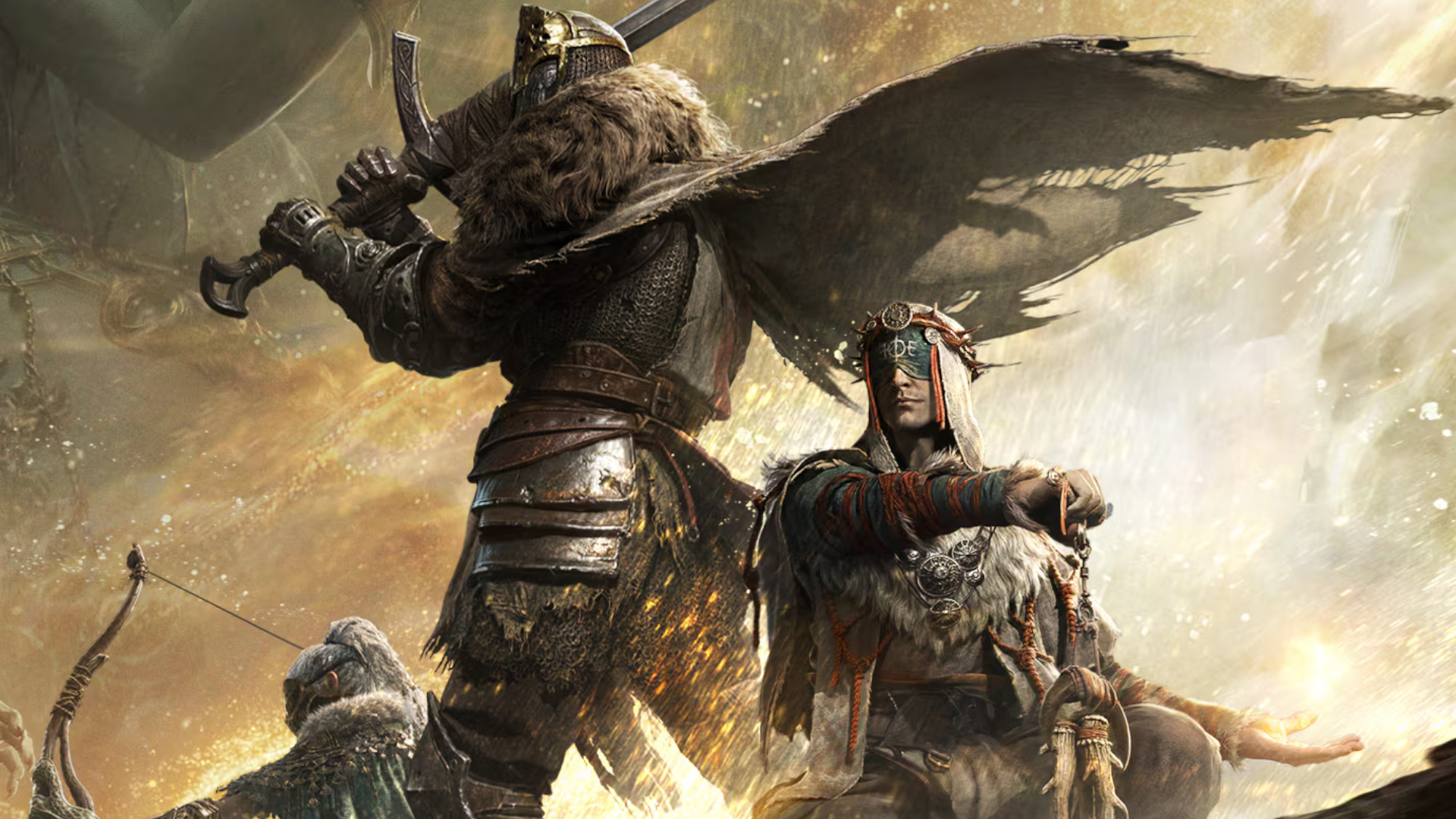 Key art for Mistfall Hunter showing a group of player characters of different classes, cropped for a header