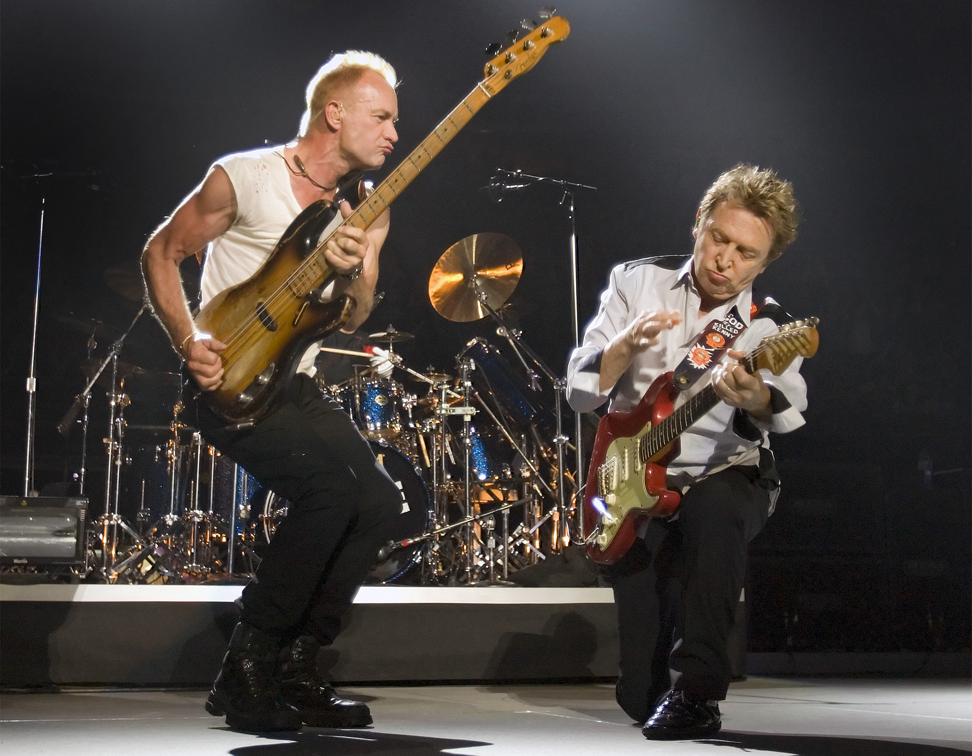 Lead singer Sting (L) and lead guitarist Andy Summers (R) of the band The Police perform onstage to open their world tour at General Motors Place May 28, 2007 in Vancouver, Canada.