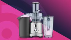 Breville the Juice Fountain Cold against a magenta and blue background