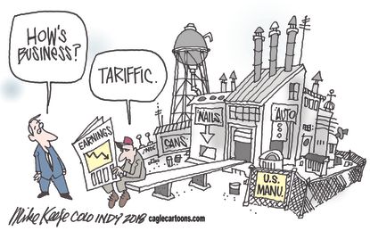 Political cartoon U.S. economy tariffs business manufacturing trade