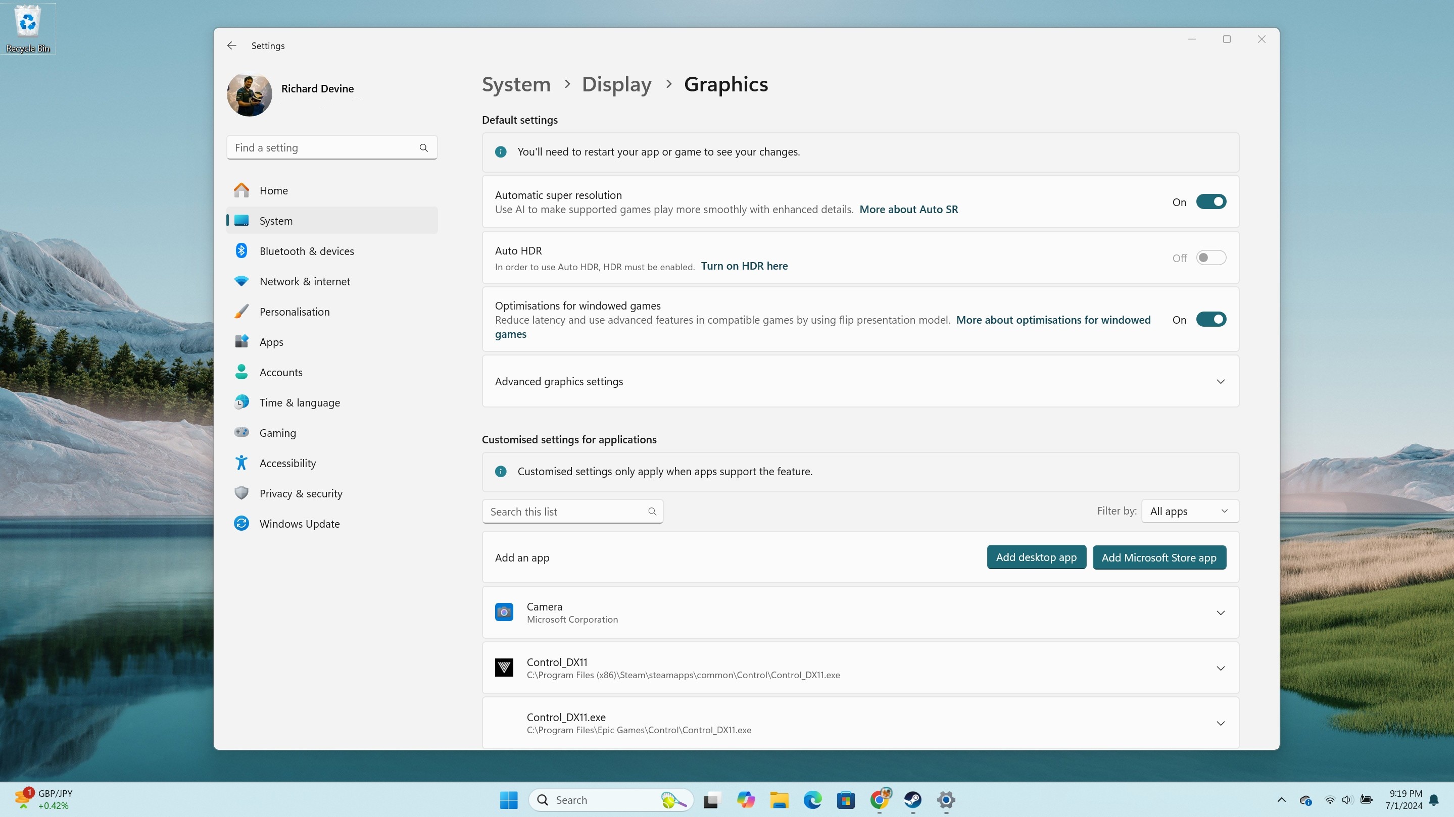 Enabling Auto SR in Windows 11 24H2 Settings