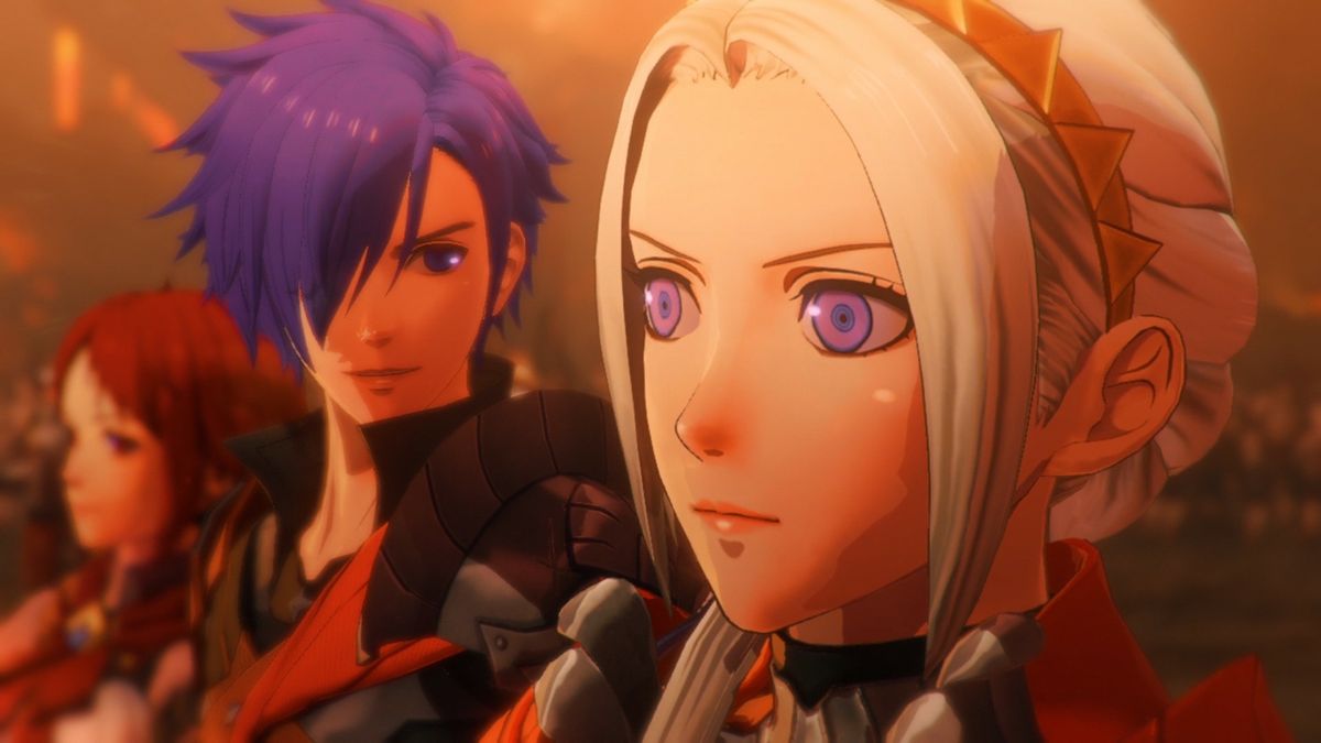 Close up shot of Edelgard&#039;s face, with purple-haired protagonist Shez in the background